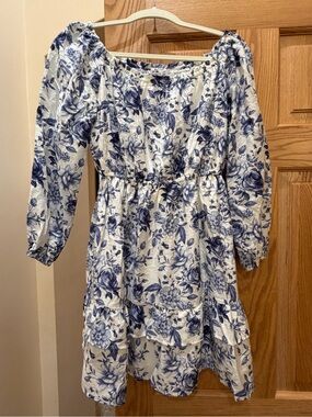 Blue Floral Long Sleeve Dress - White & Blue